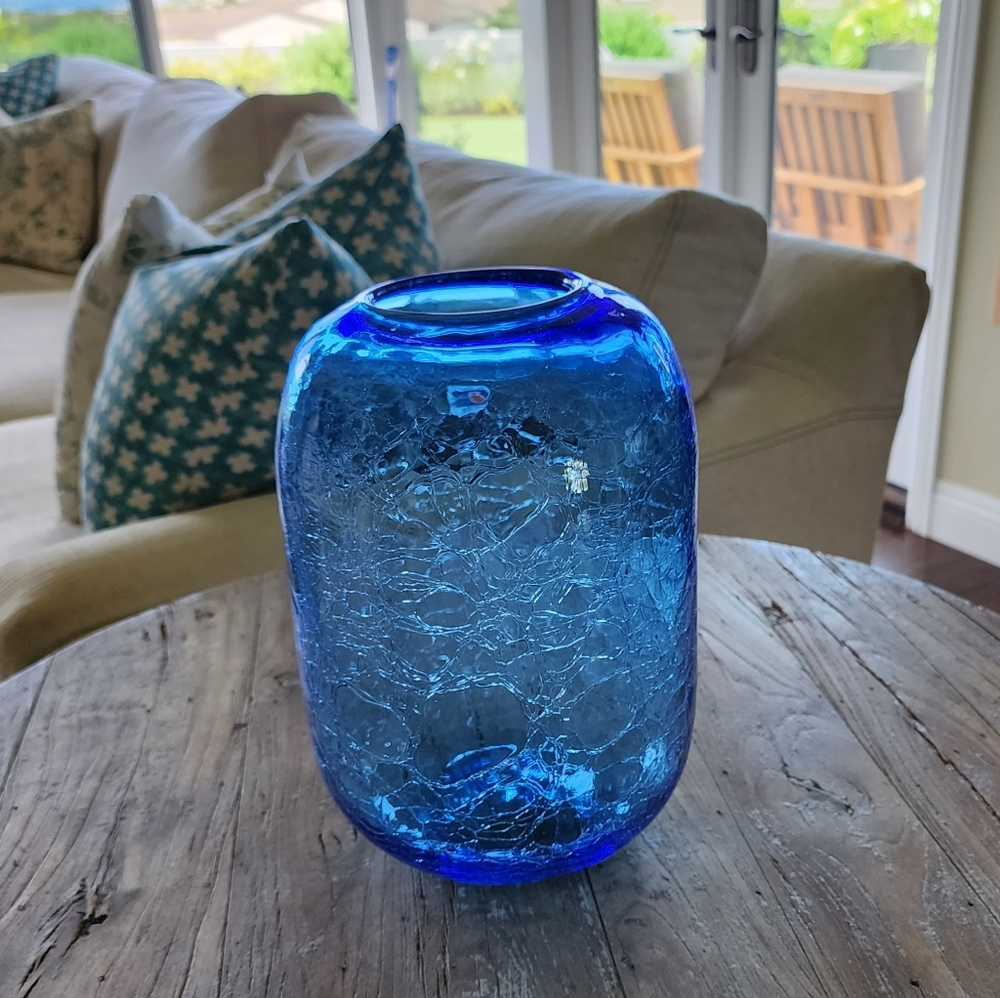 Vtg Blenko-Don Shepherd Hand Blown Blue Crackle Glass Vase 10 1/2" Pill MCM